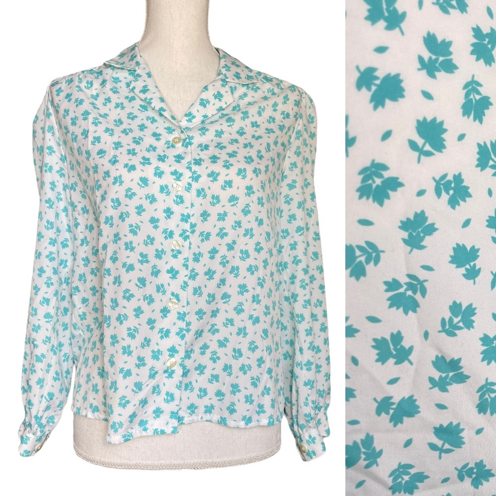 Ditsy Floral Blouse 10P Petite 10 Teal Leaves Vintage Teal White Top Cottagecore